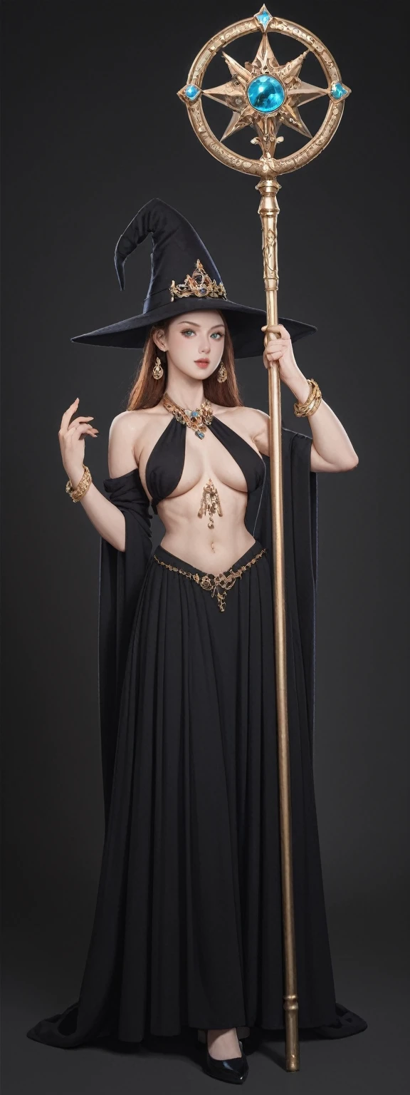 score_9, score_8_up, score_7_up,
solo,full body, witch woman,conservative attire,Very nice headgear, princess dress,jewelry,Visions of heaven and earth,Staff,exquisite magic,SideBoob,UnderBoob,