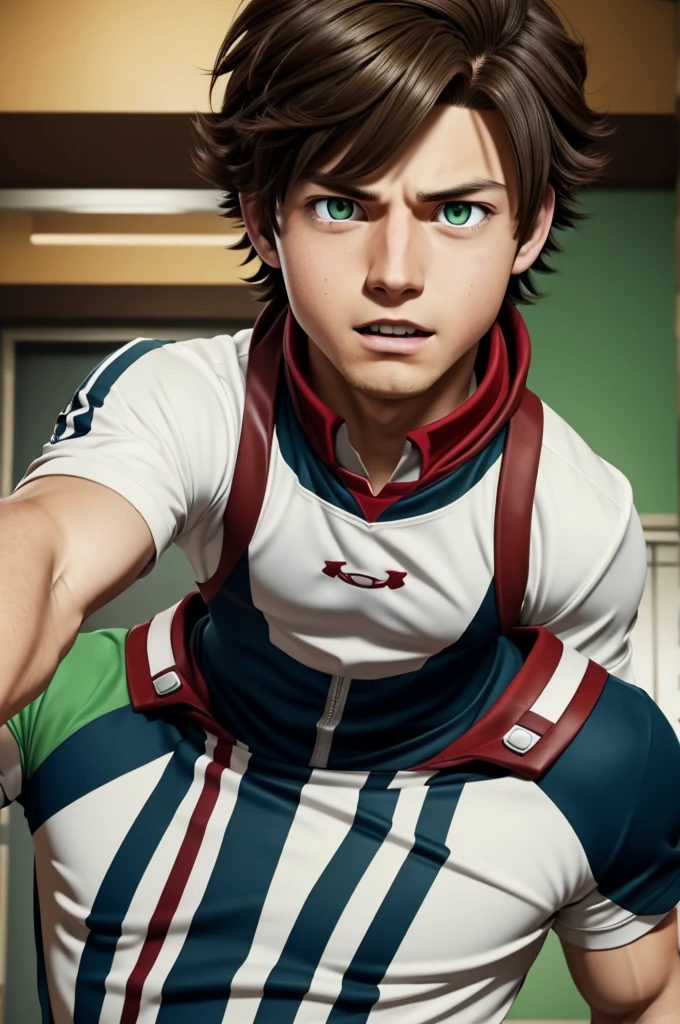 Screenshot of my hero academia. Brown hair boy. He has green eyes and has a serious expression. He is wearing the UA uniform