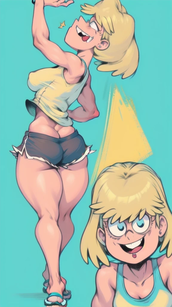 Full body image of Loud from The Loud House, full body in image, wearing her original outfit (light blue tank top, beige shorts, and light blue flip-flops), long blonde hair, female body, slender and athletic body, dynamic pose, detailed pose, simple background, expressive face showing a confident smile, focus on face, line art, sketch