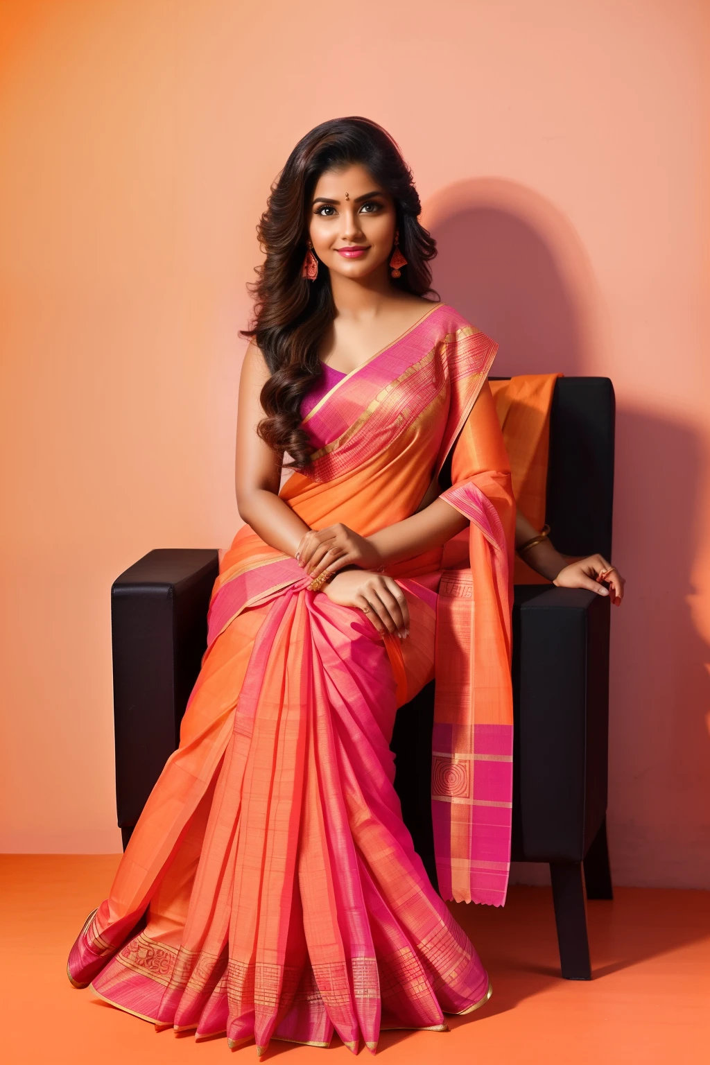 A beautiful 20-year-old indian woman with wavy brown hair, wearing a bold and ((pink orange geometric saree)). Colorful atmosphere, photo studio, artistic,(( black square heels)) , sitting on a chair
