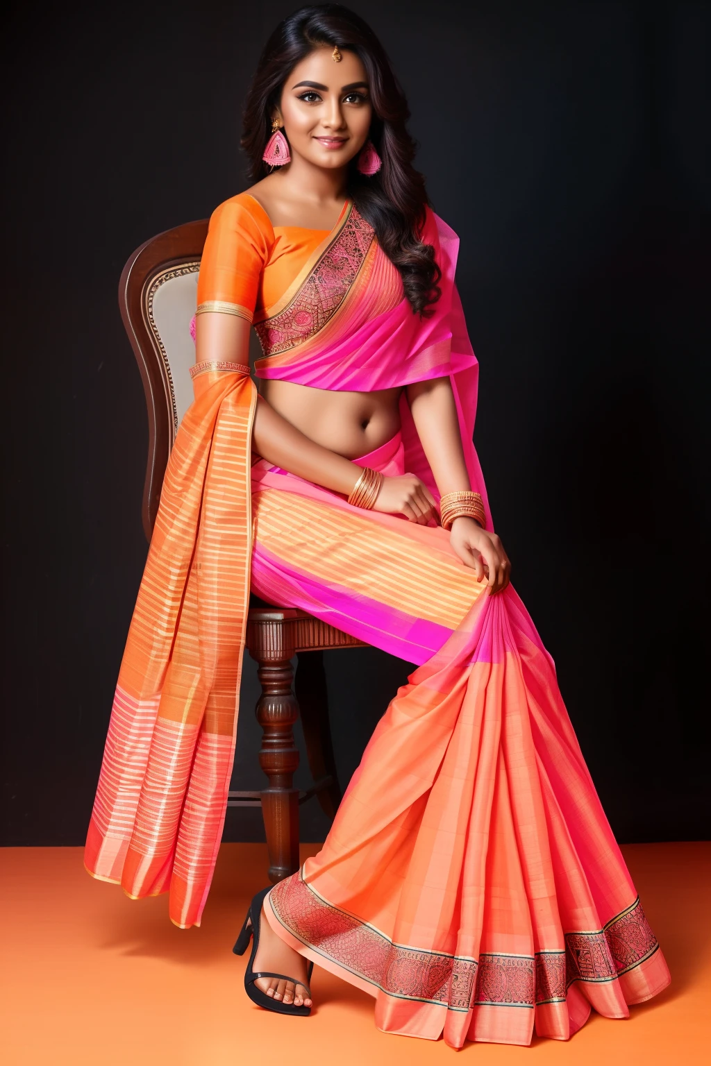 A beautiful 20-year-old indian woman with wavy brown hair, wearing a bold and ((pink orange geometric saree)). Colorful atmosphere, photo studio, artistic,(( black square heels)) , sitting on a chair