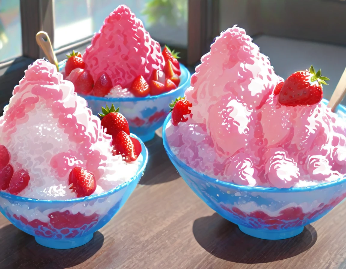 Shaved ice in a glass bowl、Strawberry Shaved Ice、Vanilla ice、Two  sisters stuff their mouths with wooden spoons