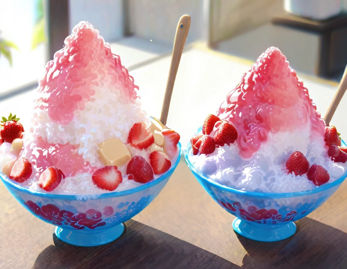 Shaved ice in a glass bowl、Strawberry Shaved Ice、Vanilla ice、Two little sisters stuff their mouths with wooden spoons