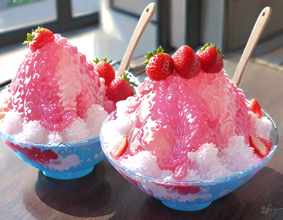 Shaved ice in a glass bowl、Strawberry Shaved Ice、Vanilla ice、Two  sisters stuff their mouths with wooden spoons