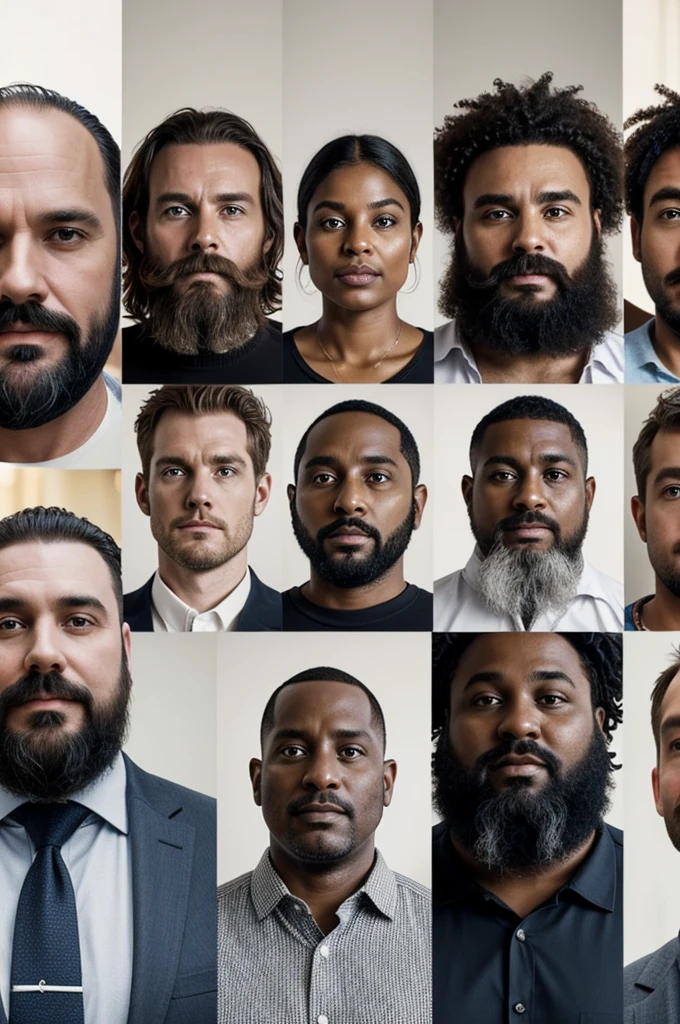 Create a surreal image that represents a group of 5 people, two thin white men with beards ages 37 and 44, a thin man with a mustache of 50 years, a 40-year-old beardless dark-skinned man and a slightly chubby 27-year-old dark-skinned woman, This group calls themselves The Solutions Researchers.