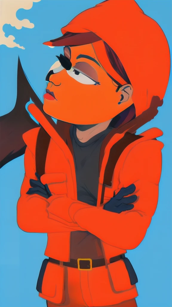 Full body image of Pandaverse Kenny from South Park, full body in image, wearing his unique outfit (bright orange parka with the hood up, black gloves, and brown pants), short hair, male body, dynamic pose, detailed pose, simple background, expressive face showing curiosity, focus on face, line art, sketch
