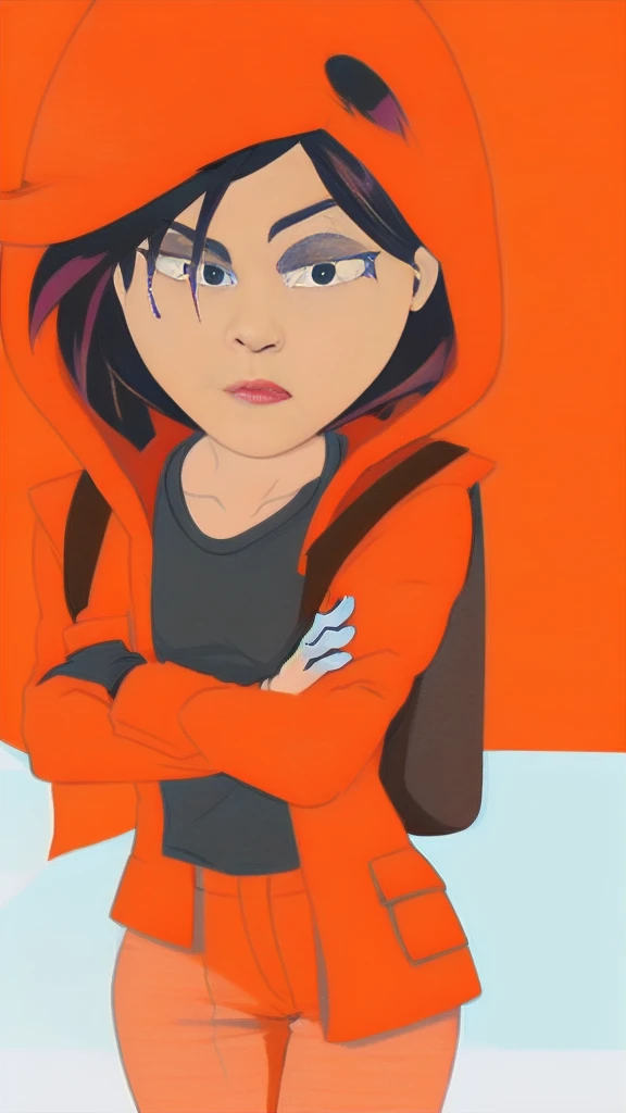 Full body image of Pandaverse Kenny from South Park, full body in image, wearing his unique outfit (bright orange parka with the hood up, black gloves, and brown pants), short hair, male body, dynamic pose, detailed pose, simple background, expressive face showing curiosity, focus on face, line art, sketch