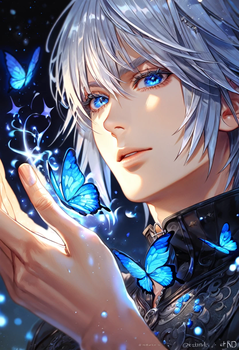 absurdres, highres, ultra detailed, HDR, master piece, best quality, extremely detailed, Riku, gray hair, expressive blue eyes, Kingdom Hearts, solo, sexy man, handsome, black clothes, fantasy, magic, sparkling, blue glittering fireflies, blue moon, blue flowers, blue butterflies, starry sky