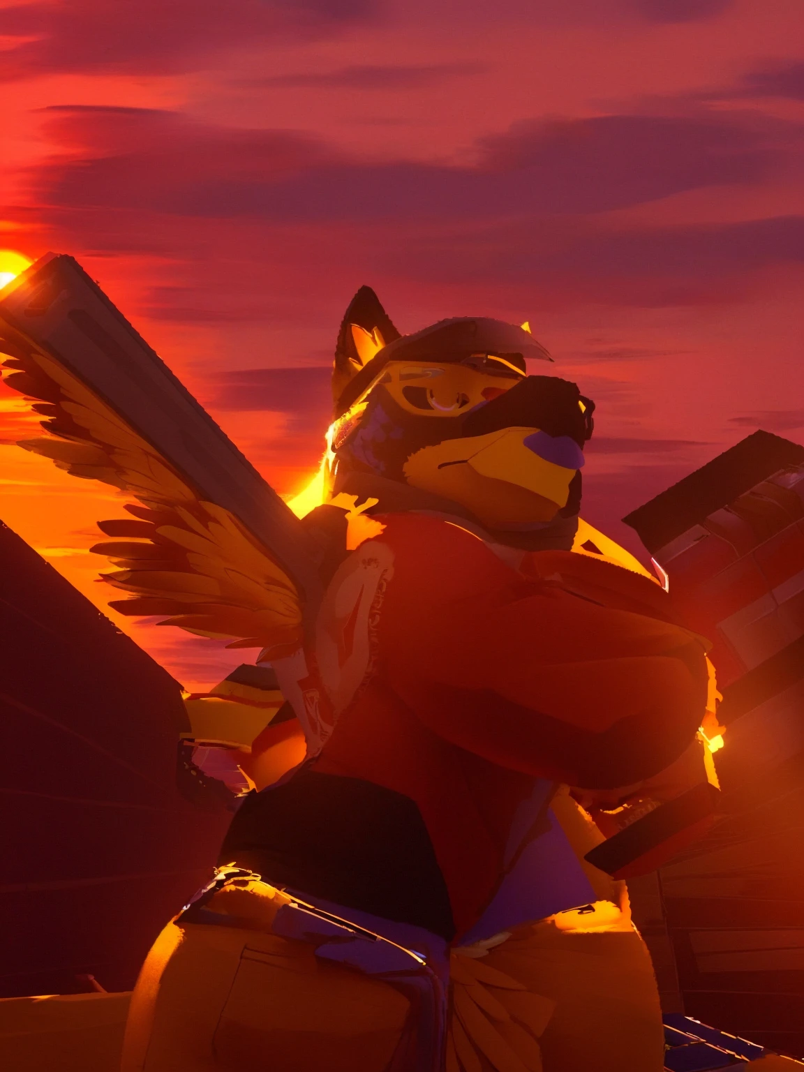 lego man with a guitar and a guitar case walking down a street, fursona!!!!, fursona wearing stylish clothes, avian!!! fursona, full body:: sunny weather::, sunset!!!, rendered in sfm, saints row fursuit tails mod, female fursona, ((sunset)), furry furaffinity, in the sunset, furry fursona, shining golden hour
