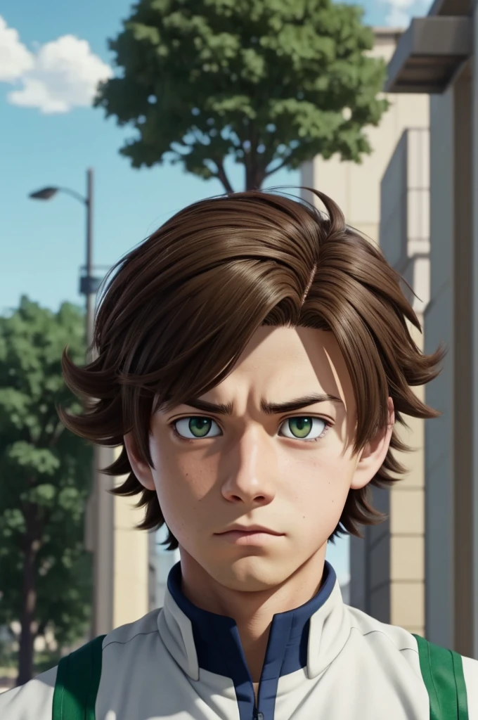 Screenshot of my hero academia. Brown hair boy. He has green eyes and has a serious expression. He is wearing the UA uniform