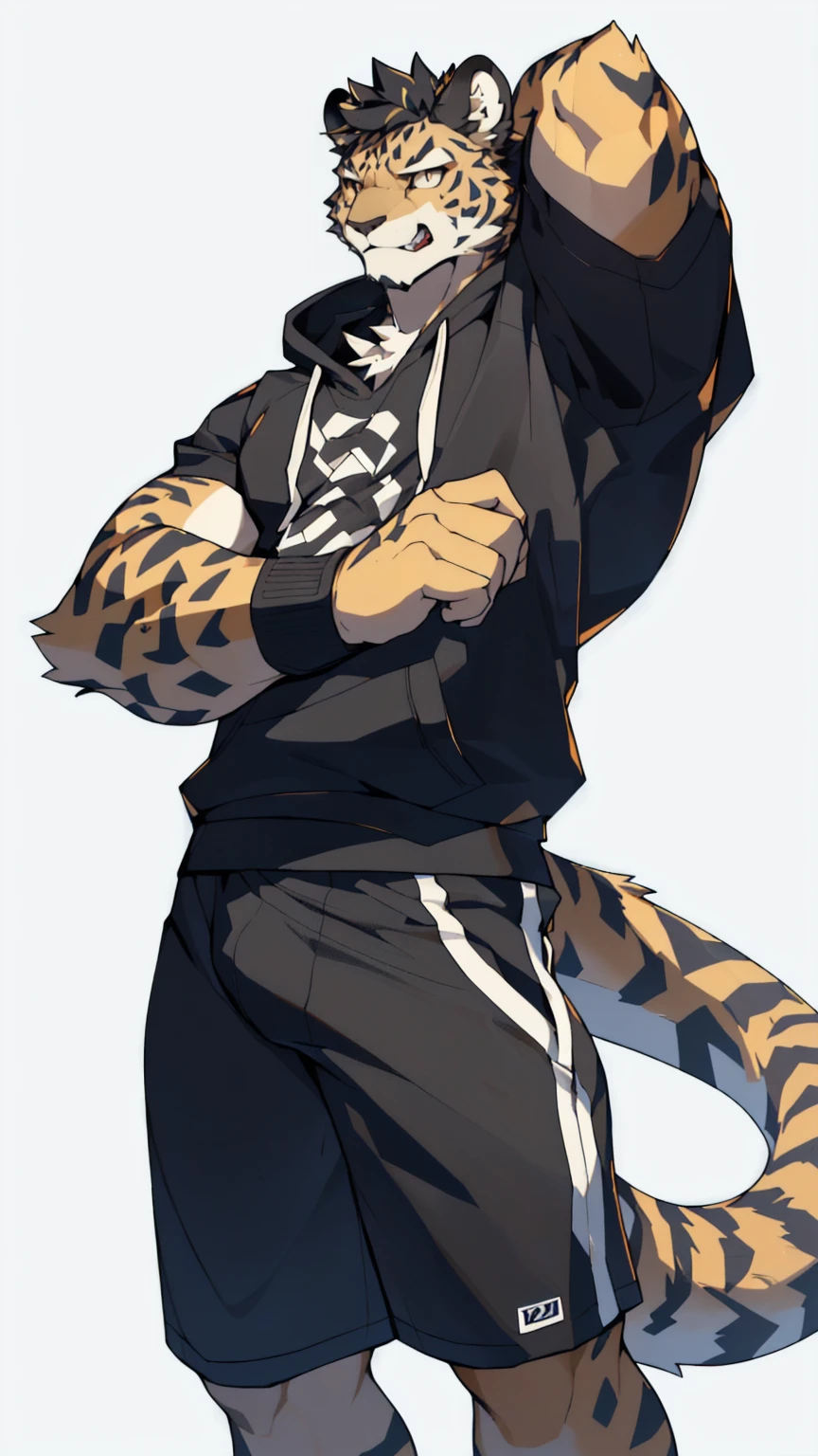 White background，high resolution，4K，masterpiece，high quality，Warm man，29 years old，((Cheetah))，male，((whole body:1.4，Strike a pose:1.5，fiercely:1.3，grimace in pain:1.4))，CheetahFurry，（teenager:1.5，hairy），((Moderate:1.2，short hair:1.3))，((Strong body:1.5，Long legs:1.3，big ear:1.3，Thick long tail))，(((Grey sweatshirt，Black sports shorts)))，(((Hair:1.6，充满Moderate肌肉:1.3，Golden Eyes:1.4，Black hair:1.3，White chest:1.3，White belly:1.4，Limbs:1.4，Crotch bulge)))，Delicate eyes:1.6，Fine details，Detailed body，（Detailed hand details:1.4）