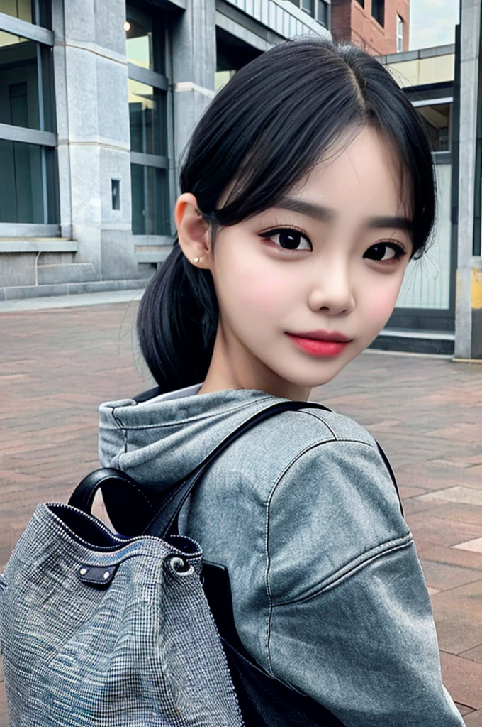 a girl with gray clothes,textured skin, carrying a school bag in one pocket, looking at the camera, realistic black hair, high quality photo effects, bust up shot,atmospheric,photorealistic,extremely detailed face and eyes,beautiful detailed lips,longeyelashes,cinematic lighting,masterpiece,ultra-detailed,8k