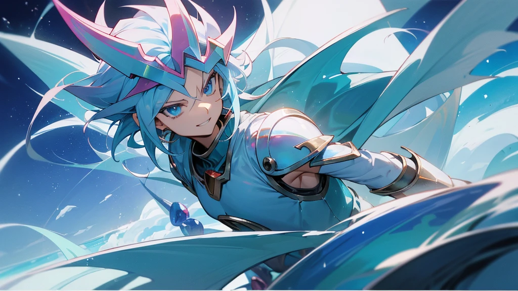 facing toward camera,Blue-eyed White Dragonoid,yugioh art style,Legendary Dragon,Crystal Dragon,yugioh card,sliver ice color reflected armor。ocean background, clouds in the sky, smirking, muscular, male,