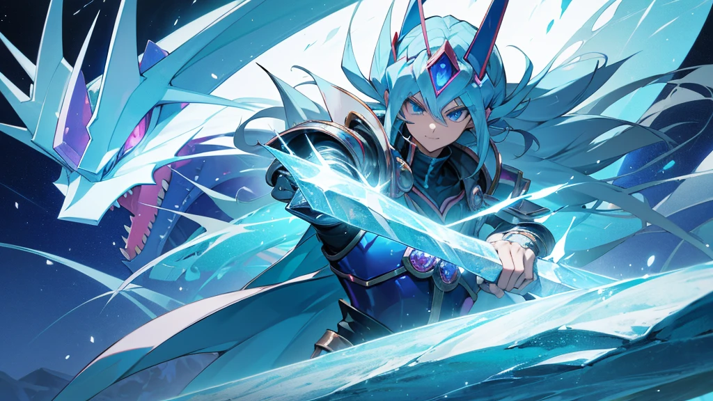 facing toward camera，Blue-eyed White Dragonoid,yugioh art style，Legendary Dragon,Crystal Dragon，yugioh card，sliver ice color reflected armor。ocean background, clouds in the sky, smirking, muscular, male, 
