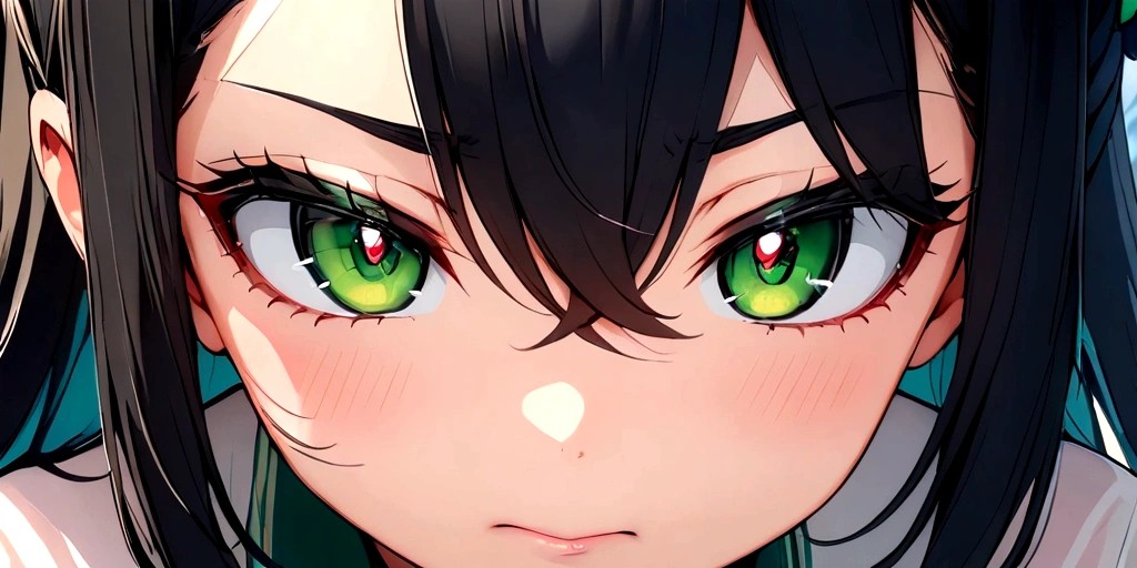 Anime girl with long black hair green eyes Mystical version