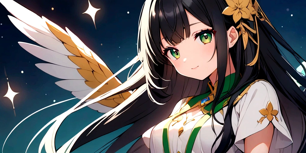 Anime girl with long black hair green eyes Mystical version