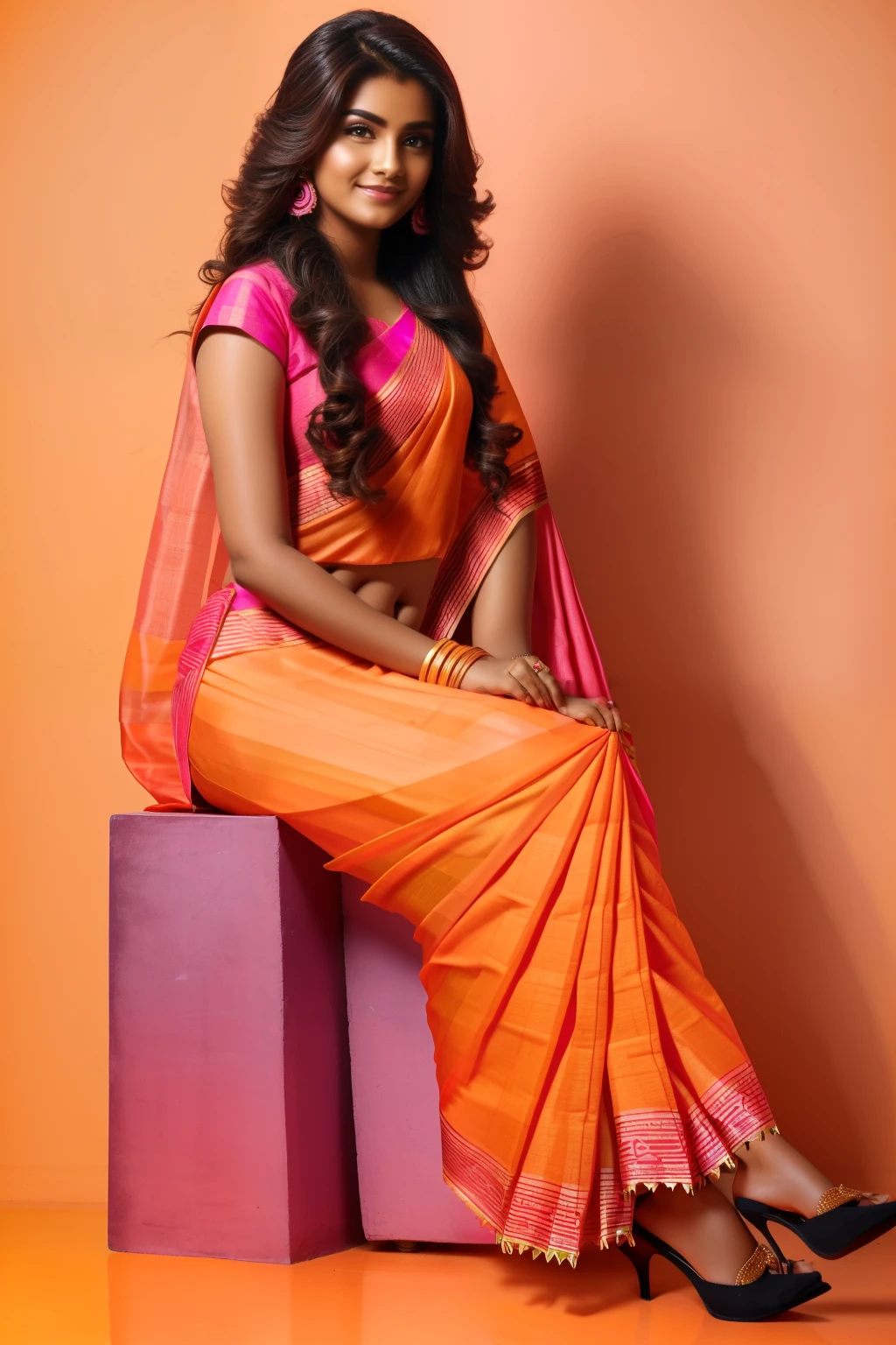 A beautiful 20-year-old indian woman with wavy brown hair, wearing a bold and ((pink orange geometric saree)). Colorful atmosphere, photo studio, artistic,(( black square heels)) , sitting on a chair