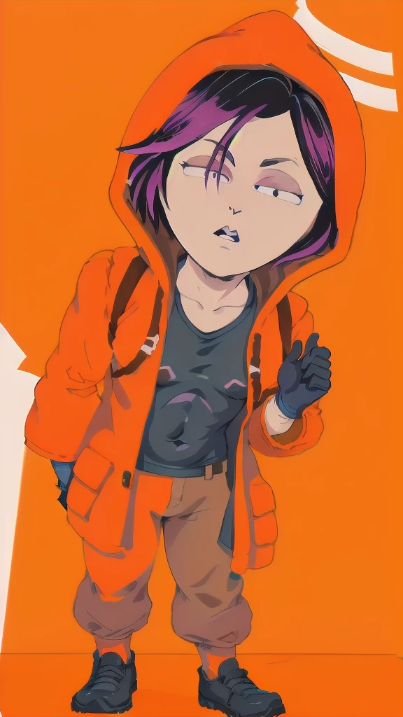 Full body image of Pandaverse Kenny from South Park, full body in image, wearing his unique outfit (bright orange parka with the hood up, black gloves, and brown pants), short hair, male body, dynamic pose, detailed pose, simple background, expressive face showing curiosity, focus on face, line art, sketch