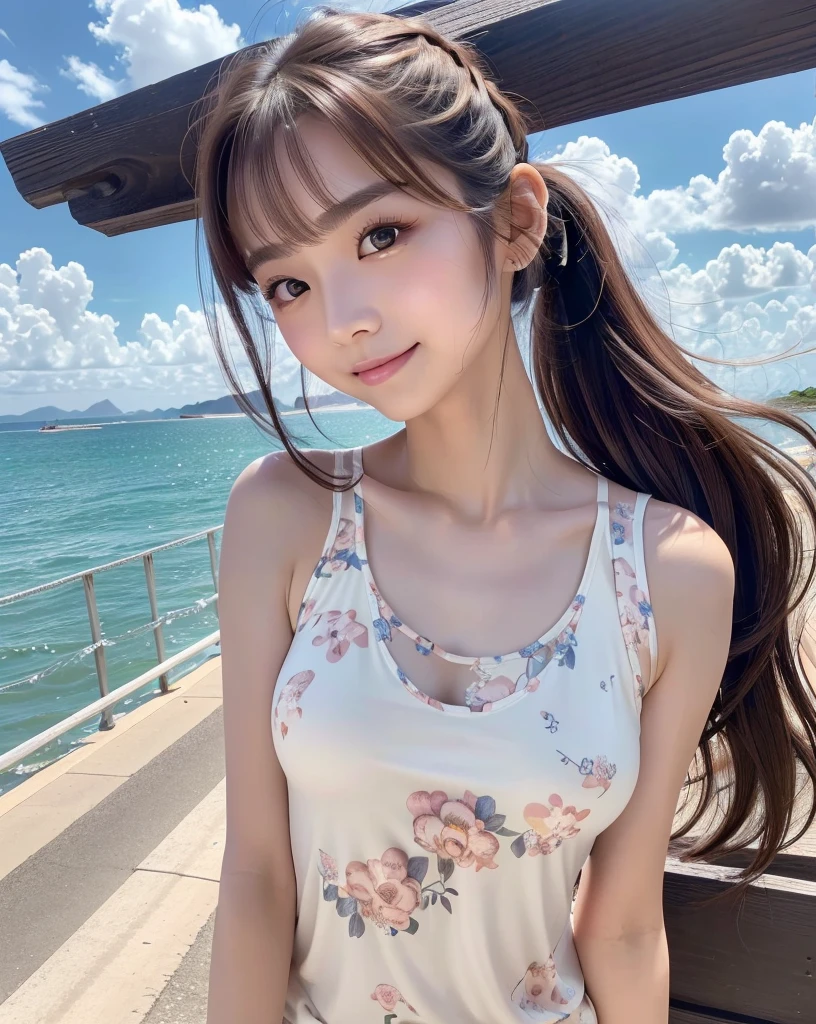 (Highest quality, 32k, High resolution, Masterpiece:1.5, ), marimo_jet, god々A photograph with brilliant dazzling and healing power., Evoking a sense of calm and elusive beauty, Expressing emotions, Have a rich imagination, The road to the horizon, Nostalgic scenery of youth, Beautiful Japanese Girls, An exceptionally beautiful face, Small Face Beauty, Perfect Human Anatomy, Magical big eyes, Motherhood and generosity, Deep Love, fleeting smile, ((Shiny brown hair:1.1)), ((A beautiful ponytail swaying in the wind)), Asymmetrical bangs, Hair between the eyes, Transparent, soft white skin, Sharp eyebrows, Thin lashes, Natural Makeup, Cheek highlighter, Pale pink detailed lips, (White floral tank top:1.4), High resolutionの美しい太もも, Beautiful legs, ((Walking the coastal highway:1.2)), ((The road to the horizon路)), Beautifully detailed skies, ((Shining in the morning sunlight)), Professional photographer, Professional Lighting, Professional models, god秘的