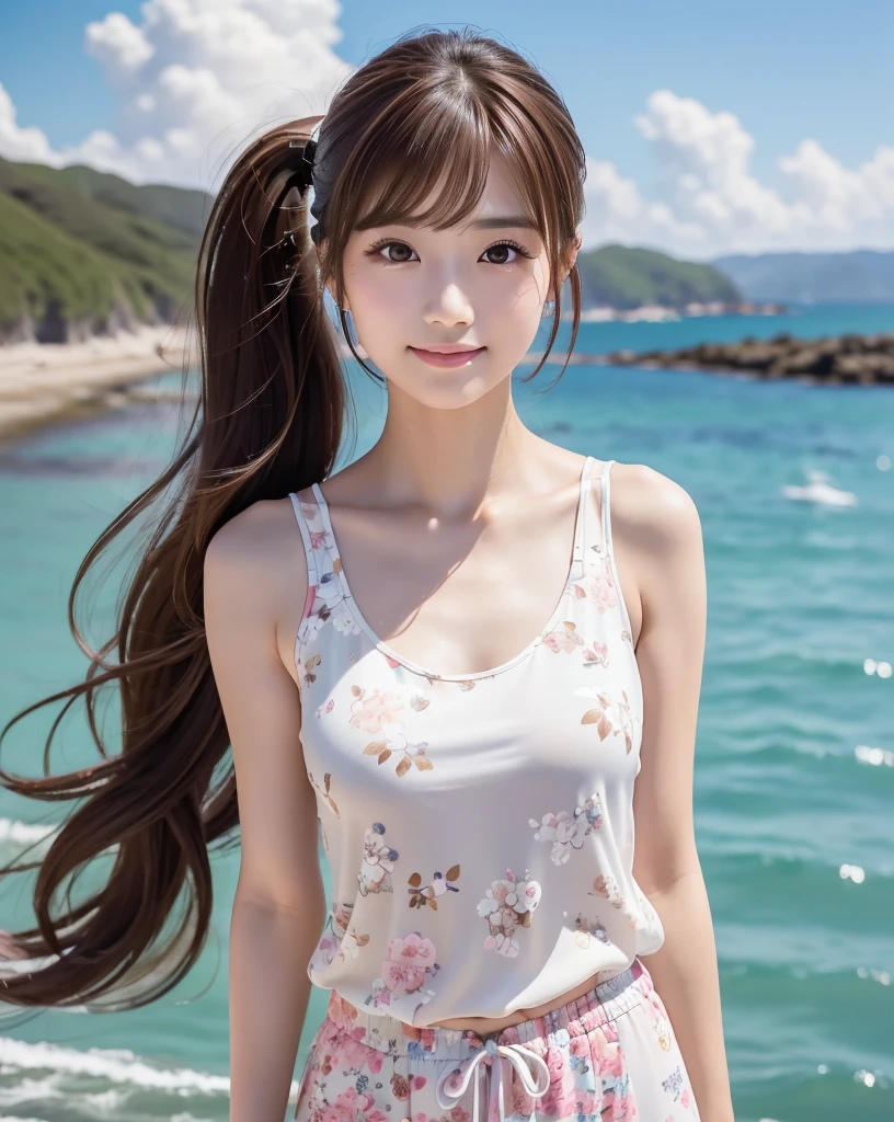 (Highest quality, 32k, High resolution, Masterpiece:1.5, ), marimo_jet, god々A photograph with brilliant dazzling and healing power., Evoking a sense of calm and elusive beauty, Expressing emotions, Have a rich imagination, The road to the horizon, Nostalgic scenery of youth, Beautiful Japanese Girls, An exceptionally beautiful face, Small Face Beauty, Perfect Human Anatomy, Magical big eyes, Motherhood and generosity, Deep Love, fleeting smile, ((Shiny brown hair:1.1)), ((A beautiful ponytail swaying in the wind)), Asymmetrical bangs, Hair between the eyes, Transparent, soft white skin, Sharp eyebrows, Thin lashes, Natural Makeup, Cheek highlighter, Pale pink detailed lips, (White floral tank top:1.4), High resolutionの美しい太もも, Beautiful legs, ((Walking the coastal highway:1.2)), ((The road to the horizon路)), Beautifully detailed skies, ((Shining in the morning sunlight)), Professional photographer, Professional Lighting, Professional models, god秘的