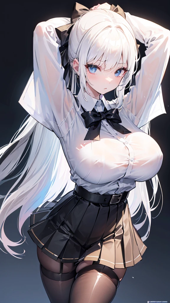 (Full body:1.2),(arms behind head:1.5),(opened legs:1.2),Cinematic lighting,look viewer,(Shiny skin:1.2),Shiny pantyhose,Beautiful face, Highly detailed,officlal art, Extremely detailed CG unity 8k wallpaper,Best quality,((Masterpiece)),(Detailed eyes1.2),absurdities, incrediblyabsurdres, hugefilesize,Ultra-detailed, Extremely detailed, Beautiful detailed girl, Beautiful detailed eyes,1 girl,(solo:1.1),kawaii,only_shoulders,(White shirt:1.5),(Ultra short pleated skirt:1.2),((tight  garter_leather belts)),(black legwear:1.2),heart in eye,Long hair,(White hair:1.2),Striped hair,Confusion_the hair,(Huge:1.2) breasts,the hair_Bow,Collar,Thick coating,The Face of the Anime Goddess,proud,Tight thighs,between breasts,breasts apart,(stand:1.5),Devil figure,((Tilt the upper body forward )),( from a bottom-up perspective)