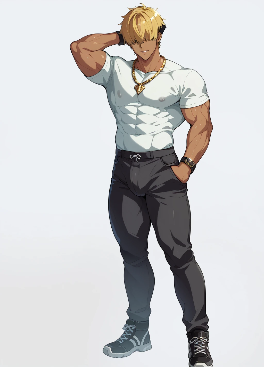 Blonde、Detailed illustrations、Ultra-precise expression、masterpiece、Highest quality、ultra High resolution、High resolution、Hiromitsu Takeda Style、White background、Simple Background、stand、whole body、ung man、Brown Skin、hair over eyes、solo、Bad look、Black Hair、Muscular、stand、White clothes、Black pants、Gold Necklace、Black shoes、Red mark on the back of the right hand、One arm behind head、((Extra thick penis、Huge penis))、erection、