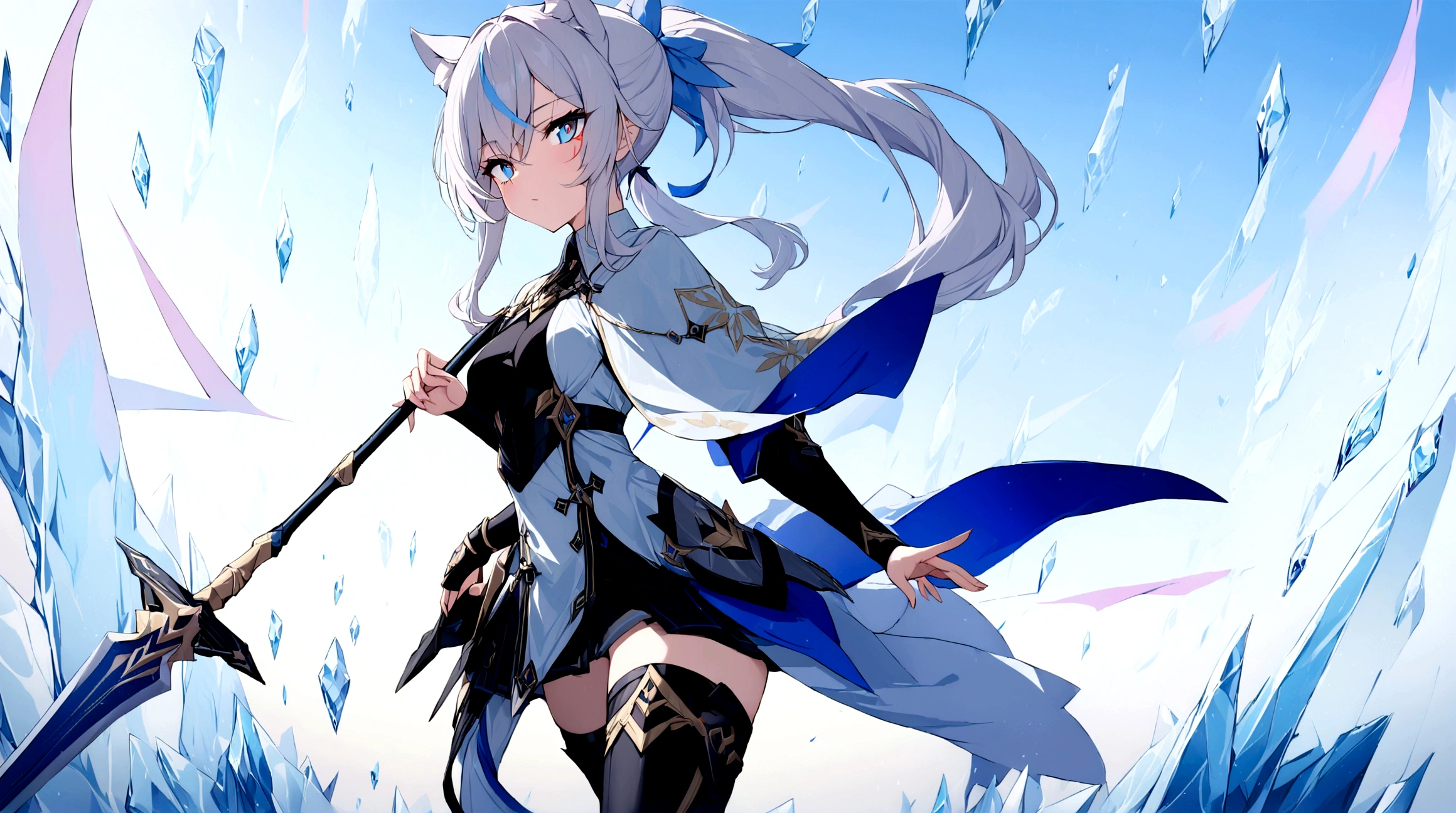 (1girl, Masterpiece, best quality) (detailed and beautiful eyes:1.6) (perfect hands, perfect anatomy) (full body)) Fierce warrior girl with long white hair in a high ponytail and striking red eyes. She wears sleek, modern armor in blue and black with gold and silver details, and a white, high-collared cape with blue and gold accents. She holds a long spear in her right hand and points forward with her left hand. The background should be an icy landscape with crystalline formations and a cold, blue sky, reflecting light off the ice for a mystical atmosphere. Capture her determined and focused expression, conveying a sense of readiness and strength.