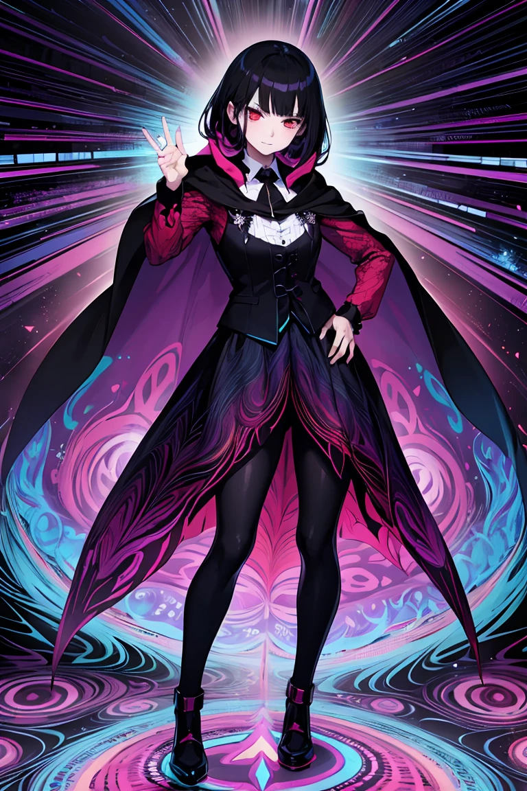 (psychedelic art:1.5), anime female character, black hair, bangs, red eyes, vest, black cloak, full body shot, pose, elegant, bangs, ouji fashion, "Black Butler" inspired outfit., anime, Gothic art, masterpiece, anatomically correct, accurate, high details, highres, 4K