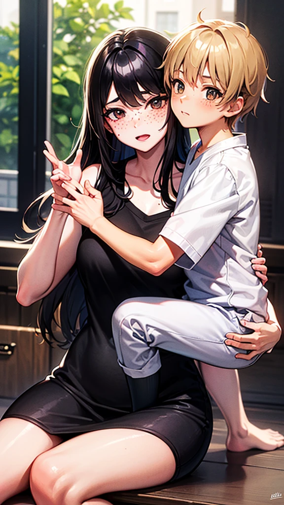 Tokyo Revenger style art Two children with wavy black hair, brown eyes and freckles, they are very beautiful, White skin, they are twins. one hugs the other. a girl and a boy 