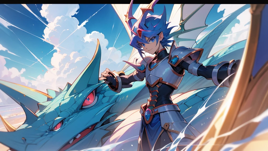 facing toward camera,Blue-eyed White Dragonoid,yugioh art style,Legendary Dragon,Crystal Dragon,yugioh card,water color reflected armor。ocean sea in background, clouds in the sky, smirking, muscular, male, dragon wings