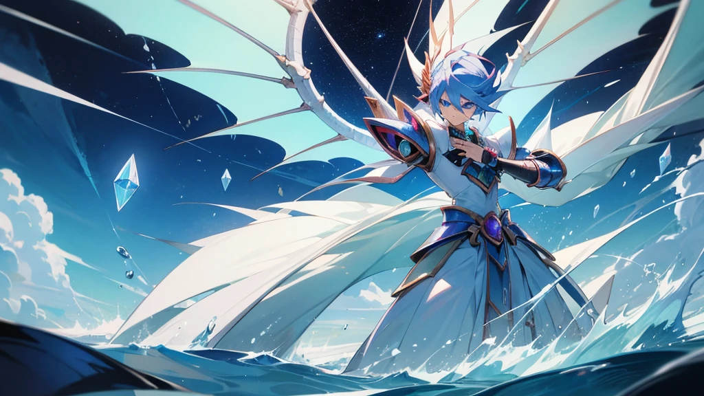 facing toward camera,Blue-eyed White Dragonoid,yugioh art style,Legendary Dragon,Crystal Dragon,yugioh card,water color reflected armor。ocean sea in background, clouds in the sky, smirking, muscular, male, dragon wings