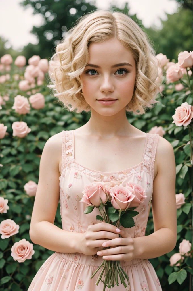 8K, RAW-Foto, Fujifilm, Style photo of a beautiful young woman as Avril in a garden with light pink roses (highly detailed skin: 1.2) Style-Petal BREAK short hair, blonde hair with colored curls, wearing a dress, Film granulation, 35mm, cute style