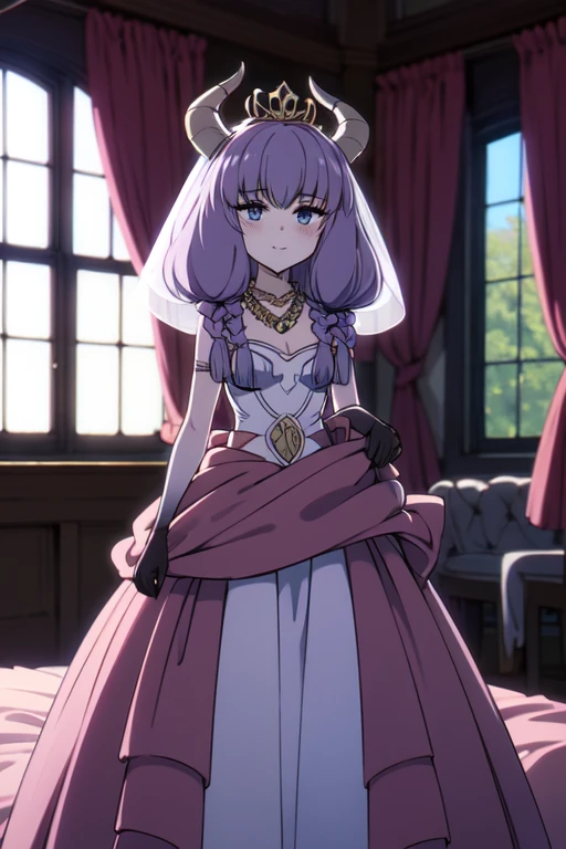 ((Best quality))),((Ultra-detailed)),((illustration)),((Disheveled hair)),((frilld)),(1 girl),(Solo), 1girl,bare shoulders,bed,blush,bridal veil,canopy bed,curtain grab,curtains,dress,gloves,indoors,jewelry,looking at viewer,necklace,pearl necklace,long hair,smile,solo,tiara,veil,wedding dress,window,full body, grey eyes,Horns,
