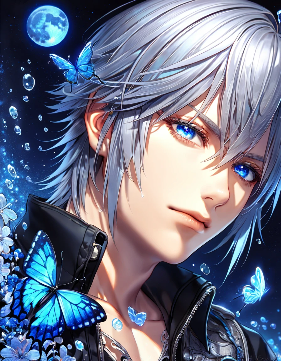 absurdres, highres, ultra detailed, HDR, master piece, best quality, extremely detailed, Riku, gray hair, expressive blue eyes, Kingdom Hearts, solo, sexy man, handsome, black jacket, fantasy, water, sparkling, blue glittering fireflies, blue moon, blue flowers, blue butterflies, starry sky