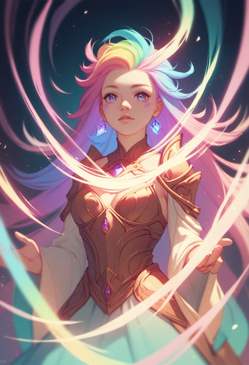 Iia、Girl, Bright and colorful hair, Magic, Whimsical, Fantasy, Otherworldly, Highly detailed face, masterpiece, Perfect lighting, (pastel colour)