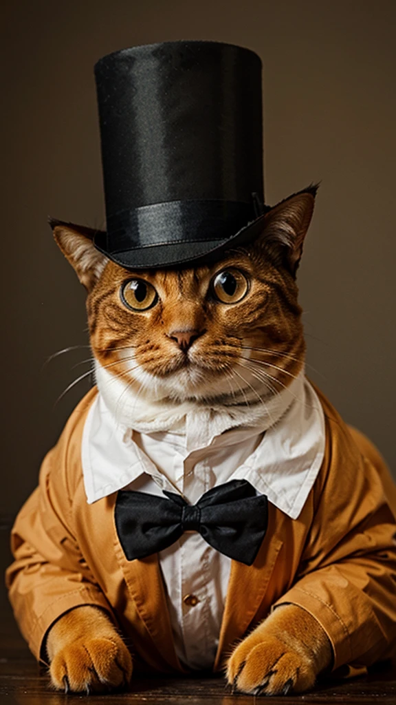a cute fat orange cat wearing a top hat and monocle