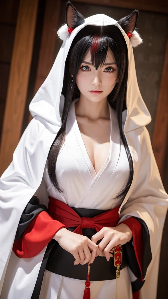 ((Highest quality、8K、masterpiece、Realistic live action:1.3))、Sharpness:1.2、Perfect body beauty:1.4、Slim Abs:1.2、Kimetsu no yaiba anime style female character, Long white hair with red highlights, Yellow Eyes, Wear a hood on your kimono, At the cosplay venue, Soft look, In combat readiness. Blood Power.