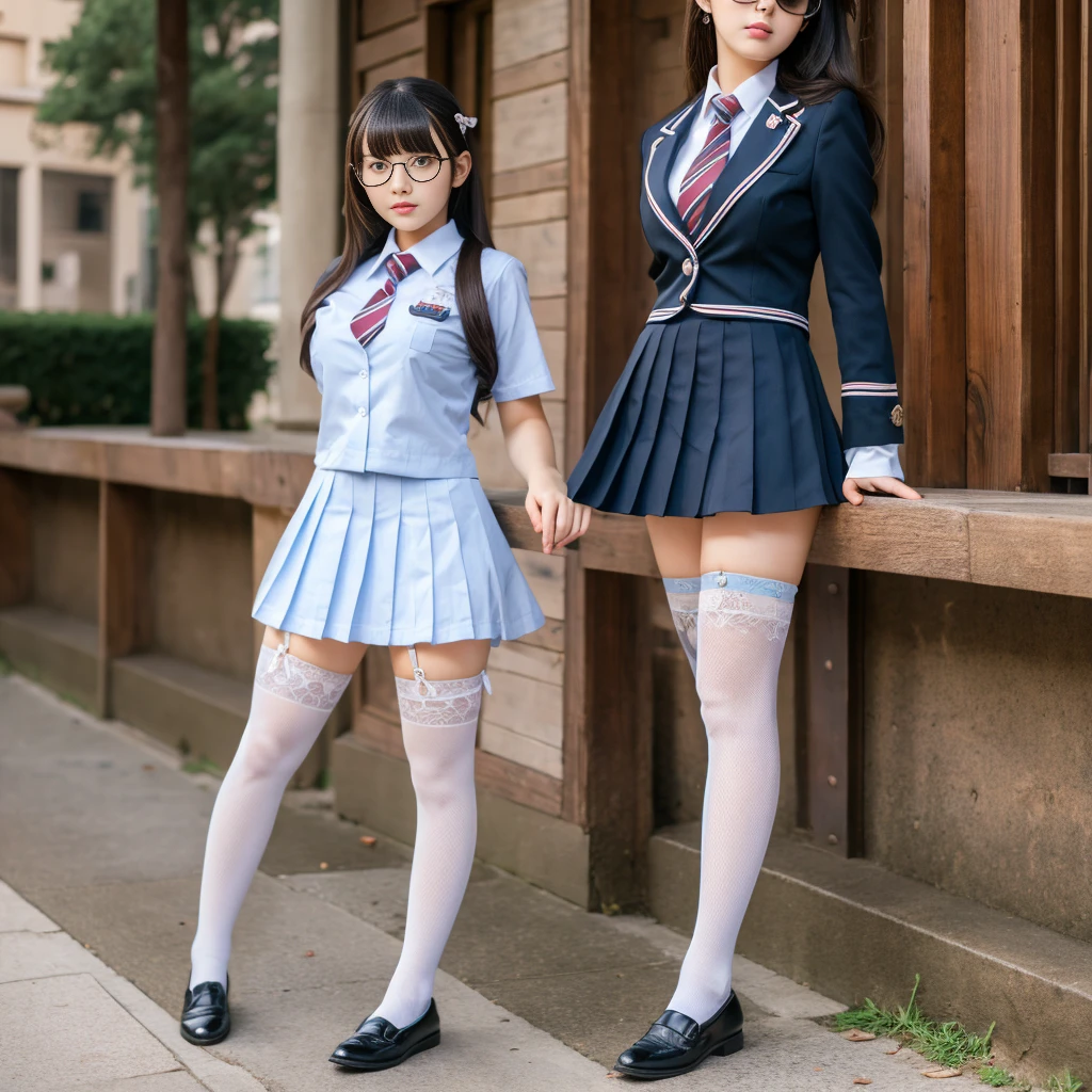 masterpiece, best quality, {{{ultra detailed}}}, RAW photo, best quality, masterpiece, ultra detailed, ultra high res, realistic,upskirt 3girls,(((kawaii)))Glasses,Over the knee socks,uniform, The girl is standing and her underwear is visible, The girl's shirt has erect nipples. The girl's panties are cute.,