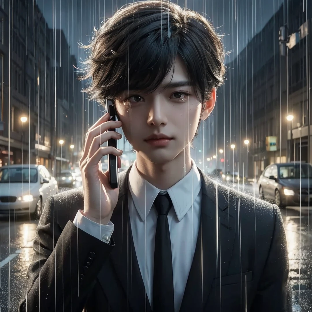 Handsome boy, black hair, brown eyes, falling tears, wearing black formal with black necktie, holding phone, raining
