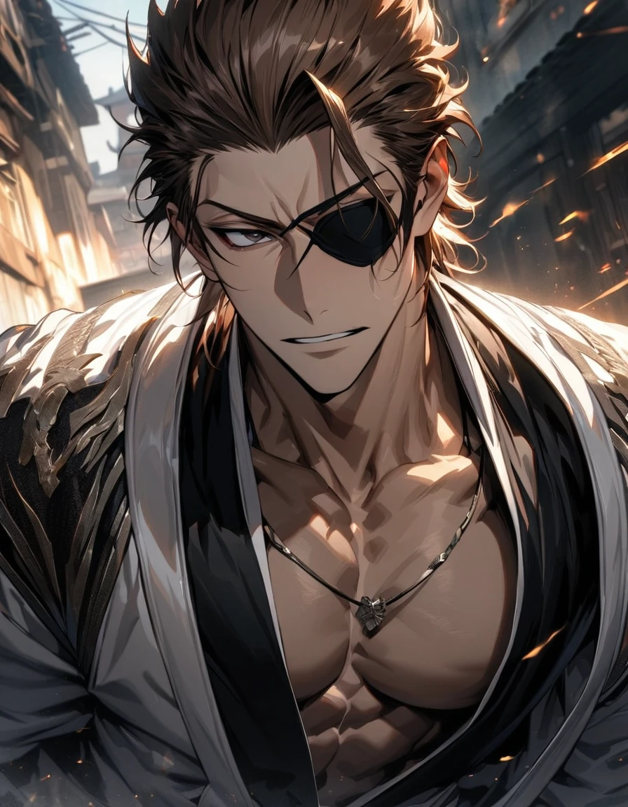 absurdres, highres, ultra detailed, HDR, masterpiece, extremely detailed face and eyes, Aizen Sosuke, brown hair slicked back, expressive brown eyes, Bleach, solo, sexy man, toned chest, handsome, white coat, black shirt,, soul society background, confident expression, black eye patch on his right eye