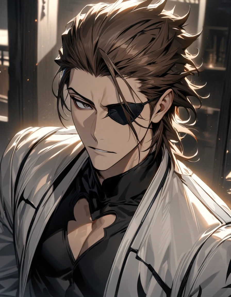absurdres, highres, ultra detailed, HDR, masterpiece, extremely detailed face and eyes, Aizen Sosuke, brown hair slicked back, expressive brown eyes, Bleach, solo, sexy man, toned chest, handsome, white coat, black shirt,, soul society background, confident expression, black eye patch on his right eye