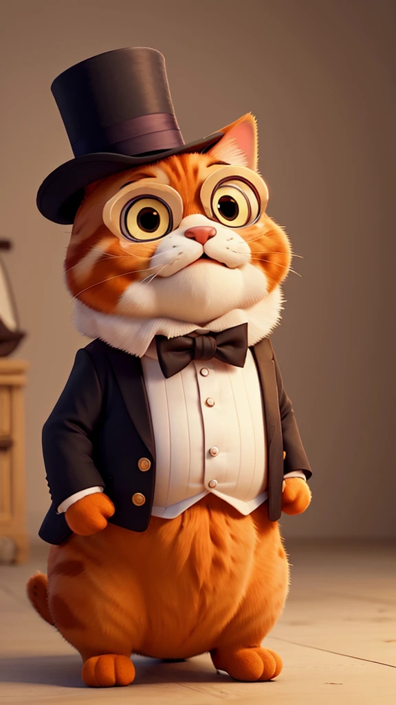 a cute fat orange cat wearing a top hat and monocle, monocle on eye