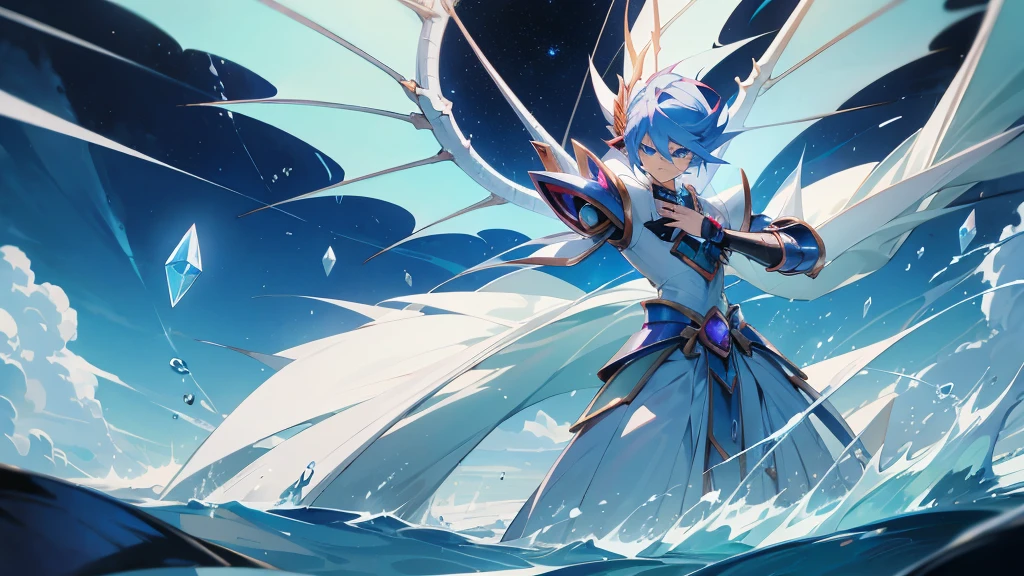 facing toward camera,Blue-eyed White Dragonoid,yugioh art style,Legendary Dragon,Crystal Dragon,yugioh card,water color reflected armor。ocean sea in background, clouds in the sky, smirking, muscular, male, dragon wings, smirking