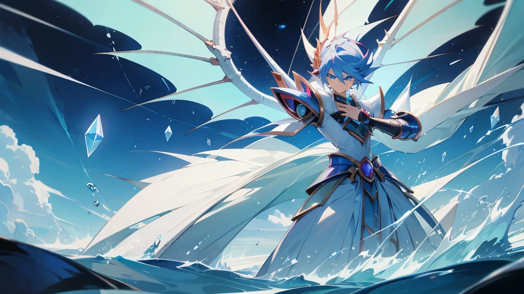 facing toward camera,Blue-eyed White Dragonoid,yugioh art style,Legendary Dragon,Crystal Dragon,yugioh card,water color reflected armor。ocean sea in background, clouds in the sky, smirking, muscular, male, dragon wings, smirking