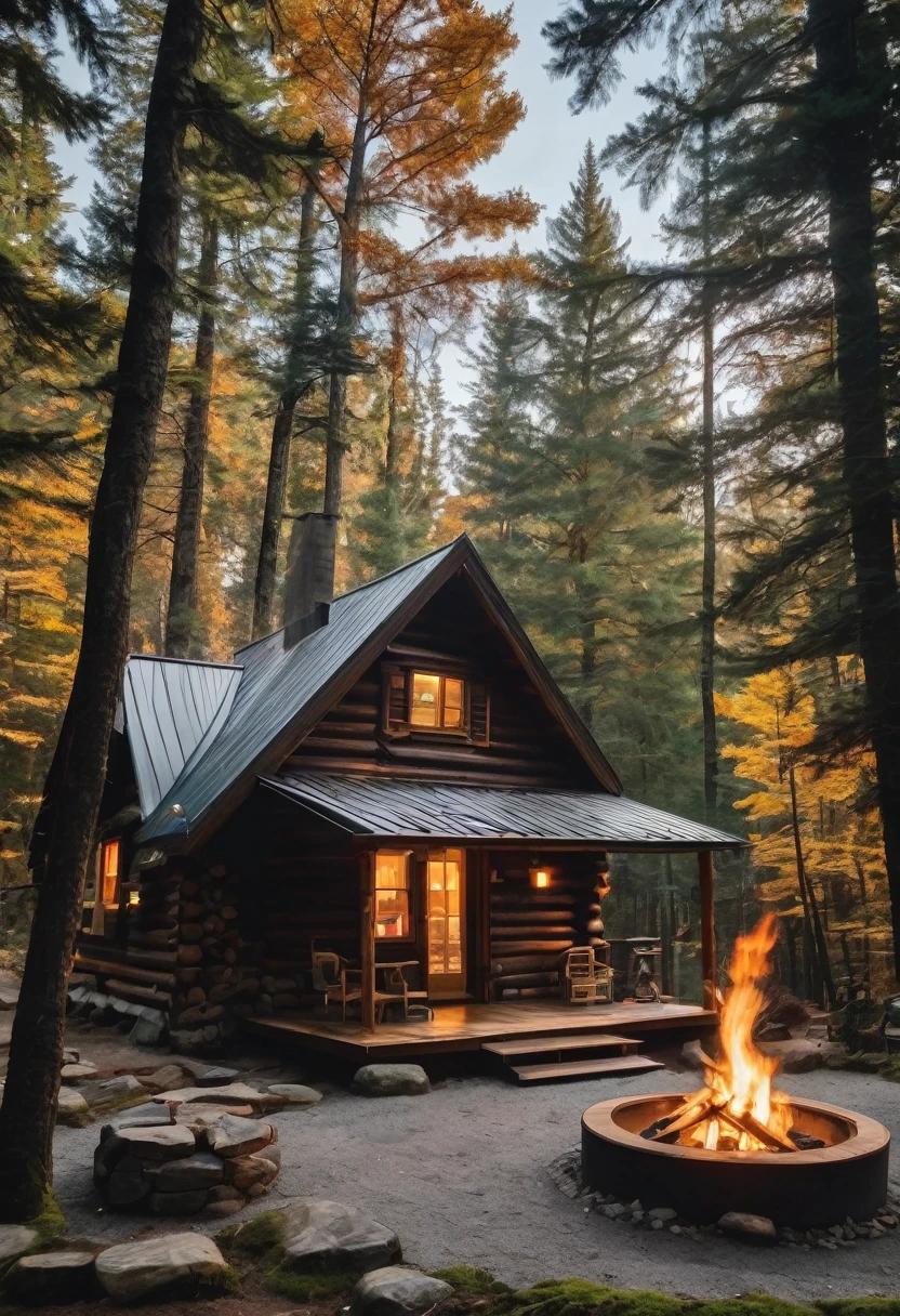 a wooden cabin with a fire pit in the middle of a forest, a brick cabin in the woods, cottage in the woods, cabin in the woods, log cabin, by Jason Benjamin, cottagecore, wood cabin in distance, cottage in the forest, cozy place, idyllic cottage, by Drew Tucker, by Morgan Russell, in a cabin