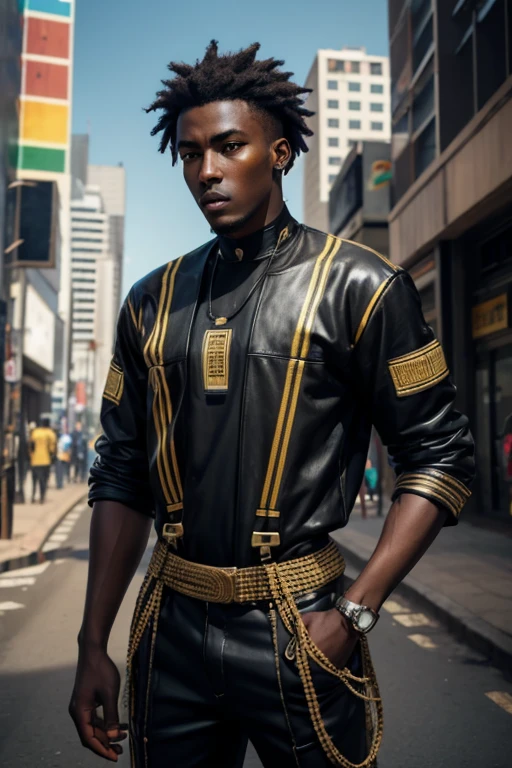 African man, black skin, wearing ssahc, proustite, cyberpunk, street worker, safe for work picture,