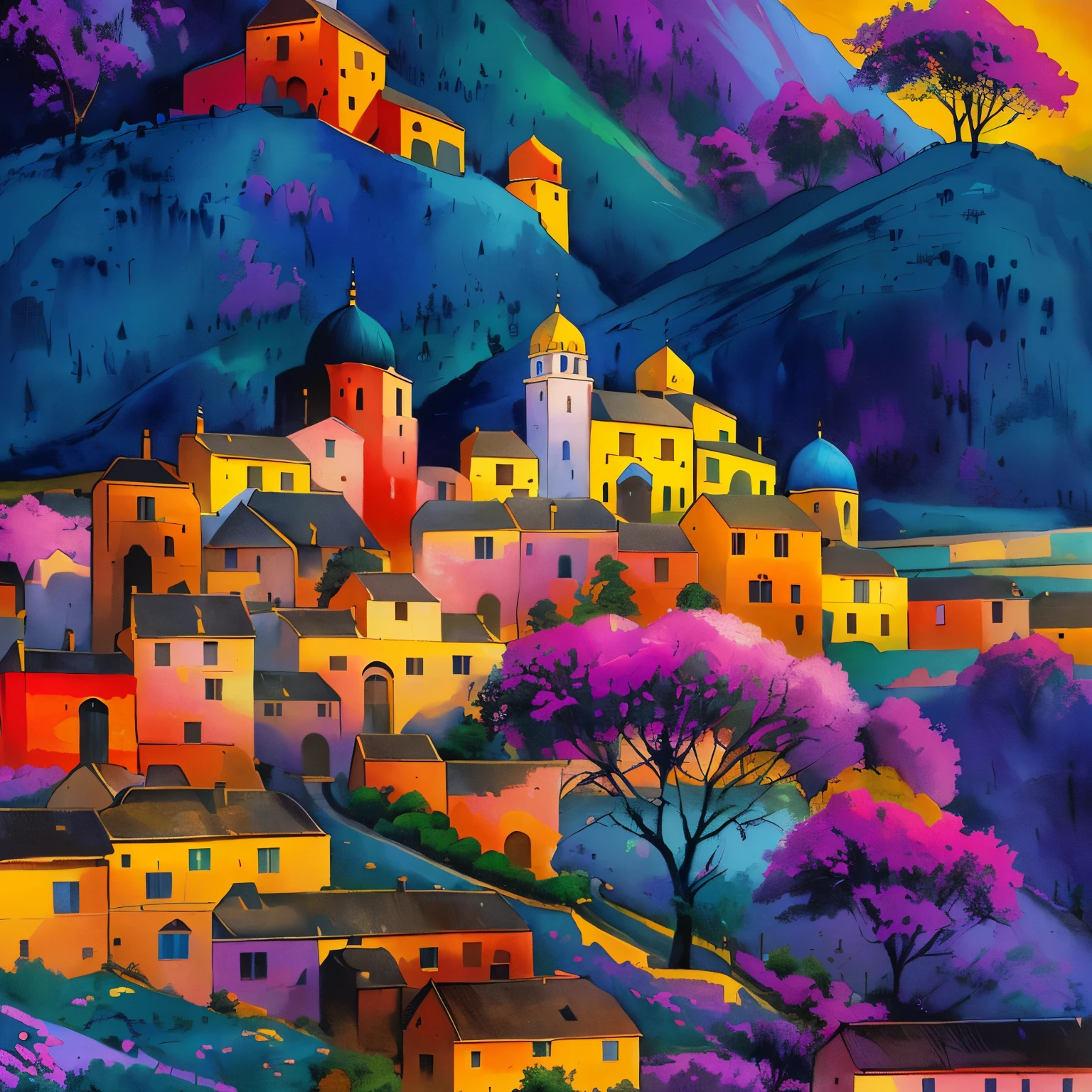 painting of a village with a mountain in the background, city on a hillside, colorful city, townscape, rich picturesque colors, colorful landscape painting, city of pristine colors, colorful scene, by Osvaldo Romberg, by Alberto Morrocco, beautiful art uhd 4 k, urban landscape, by Rodolfo Escalera, by Camille Bombois