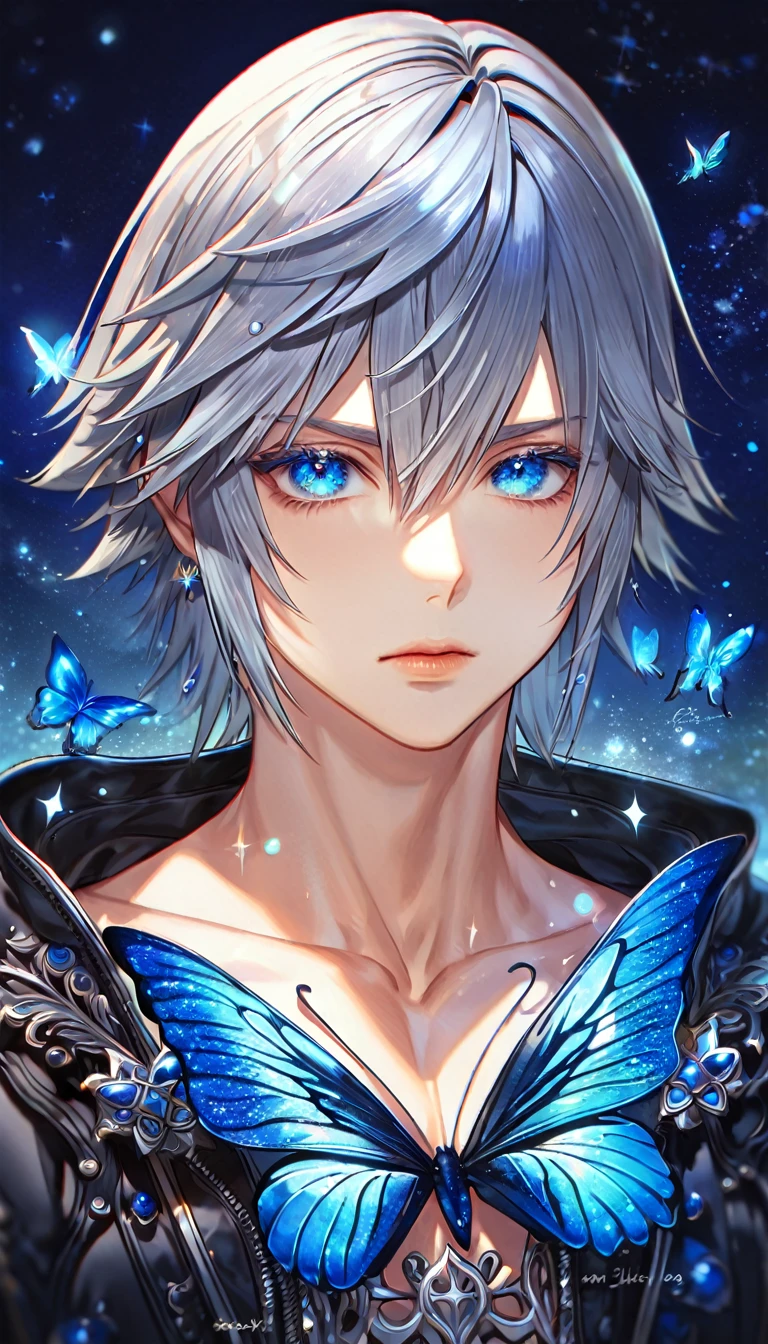 absurdres, highres, ultra detailed, HDR, master piece, best quality, extremely detailed, Riku, gray hair, expressive blue eyes, Kingdom Hearts, solo, sexy man, handsome, black jacket, fantasy, water, sparkling, blue glittering fireflies, blue moon, blue flowers, blue butterflies, starry sky