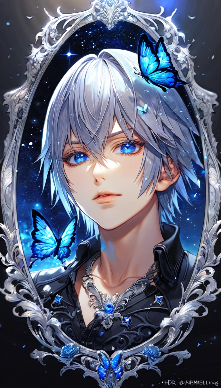 absurdres, highres, ultra detailed, HDR, master piece, best quality, extremely detailed, Riku, gray hair, expressive blue eyes, Kingdom Hearts, solo, sexy man, handsome, black jacket, fantasy, water, sparkling, blue glittering fireflies, blue moon, blue flowers, blue butterflies, starry sky