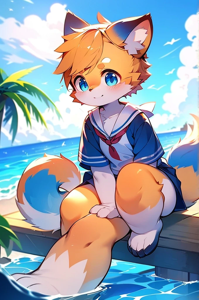 Female Red Panda, Ocean, Appeared wearing a sailor uniform! One in heat, Sitting,fly in the sky,Blue light